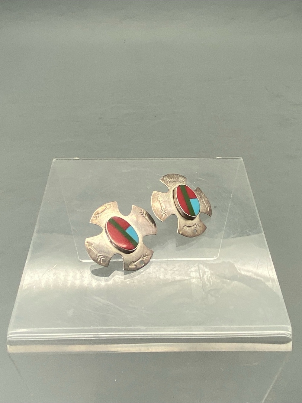 Vintage Southwest Silver Tone Inlay Turquoise Coral Sun Post Earrings
